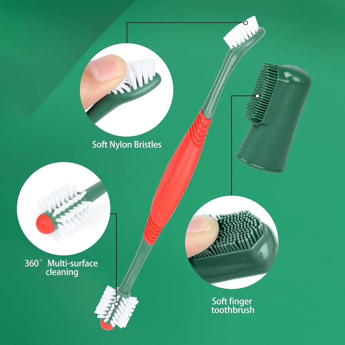 Dog Toothbrush and Toothpaste Kit Beef Dog Toothpaste(70g) | Nylon Bristles,360° Double-Head Dog Toothbrush TPR Overmolded Handle,Dog Tooth Brushing Kit,Pet Dental Care Kit for Dogs&Cats