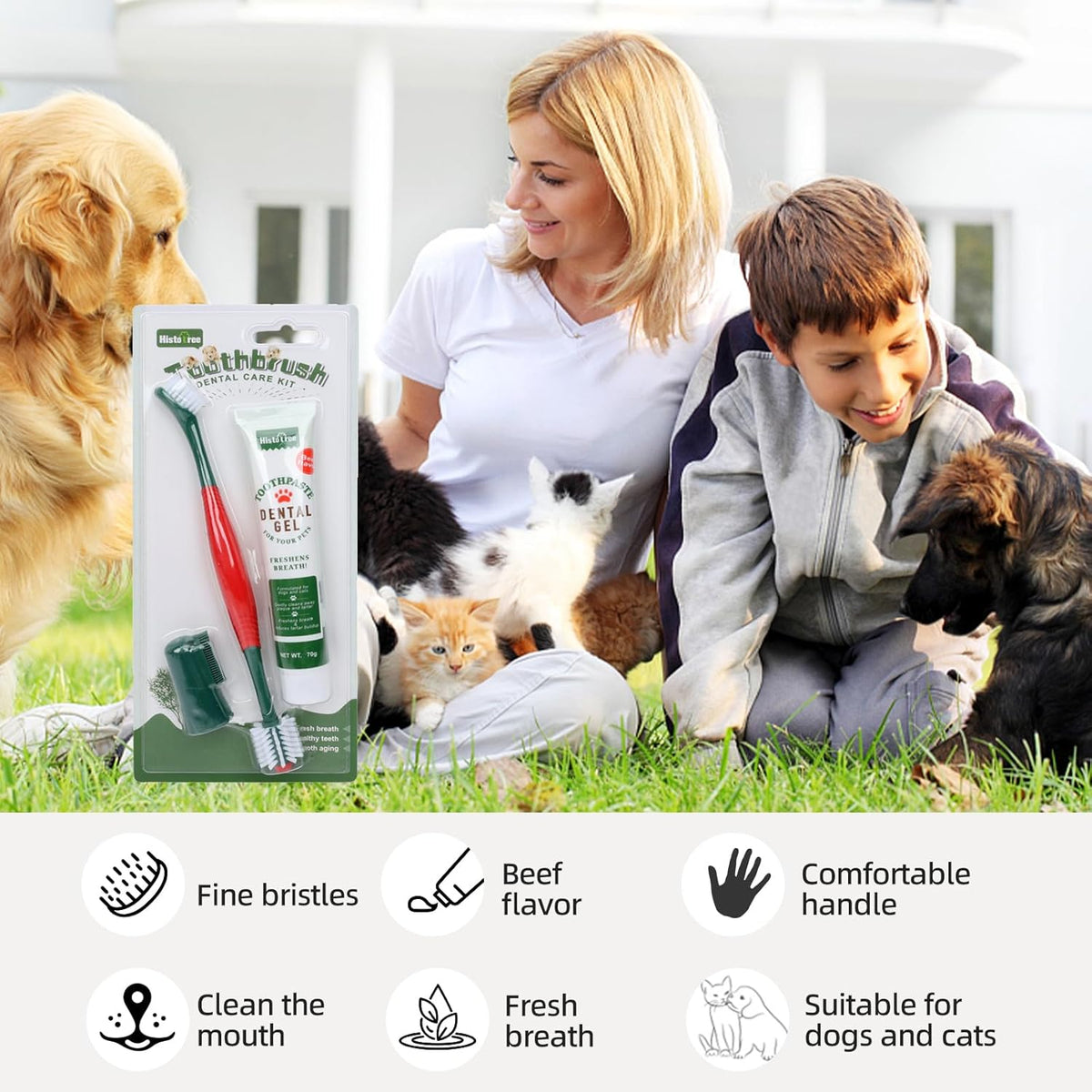 Dog Toothbrush and Toothpaste Kit Beef Dog Toothpaste(70g) | Nylon Bristles,360° Double-Head Dog Toothbrush TPR Overmolded Handle,Dog Tooth Brushing Kit,Pet Dental Care Kit for Dogs&Cats