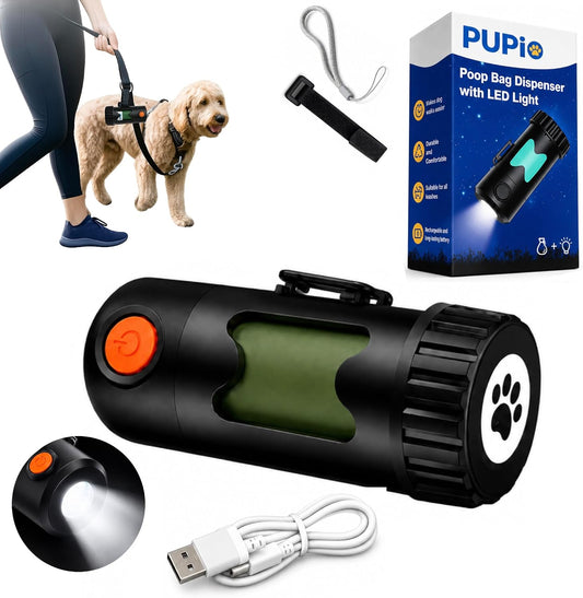 Poop Bag Holder With Flashlight - USB-C Rechargeable, No Need to Replace Batteries! Includes 15 Eco-Friendly Poop Bags, Charging Cable, and Leash Straps