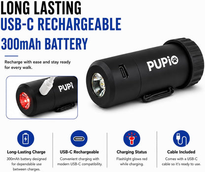 Poop Bag Holder With Flashlight - USB-C Rechargeable, No Need to Replace Batteries! Includes 15 Eco-Friendly Poop Bags, Charging Cable, and Leash Straps