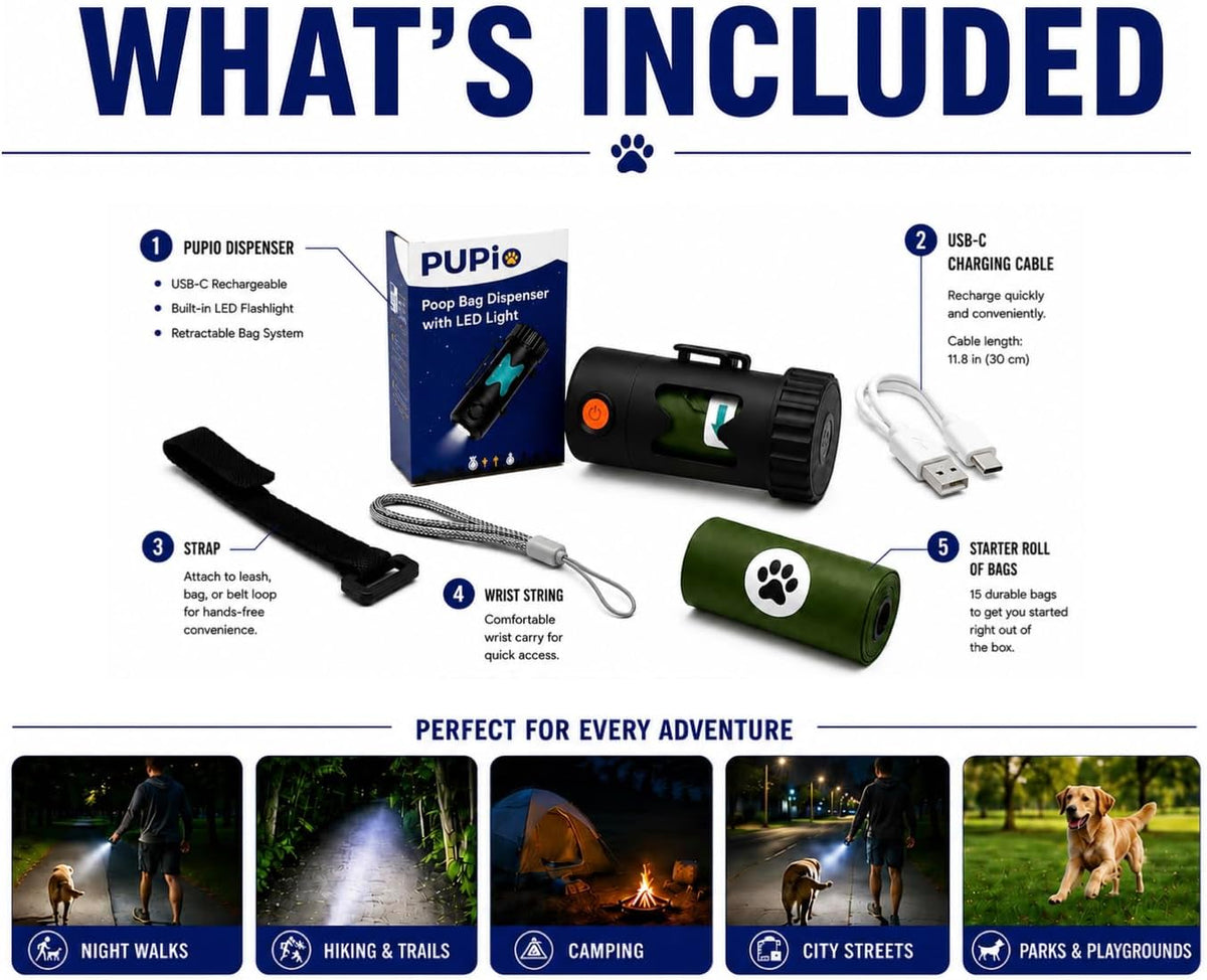 Poop Bag Holder With Flashlight - USB-C Rechargeable, No Need to Replace Batteries! Includes 15 Eco-Friendly Poop Bags, Charging Cable, and Leash Straps