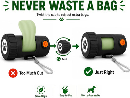Poop Bag Holder With Flashlight - USB-C Rechargeable, No Need to Replace Batteries! Includes 15 Eco-Friendly Poop Bags, Charging Cable, and Leash Straps