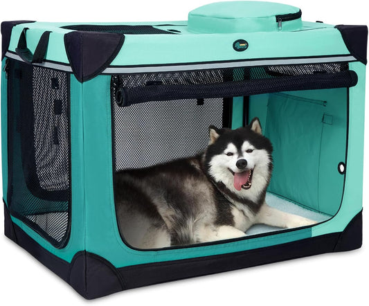 Collapsible Dog Crate, 42 inch Portable Travel Dog Crate for Large Dogs, 4-Door Foldable Pet Kennel with Durable Mesh Windows & Soft Mat