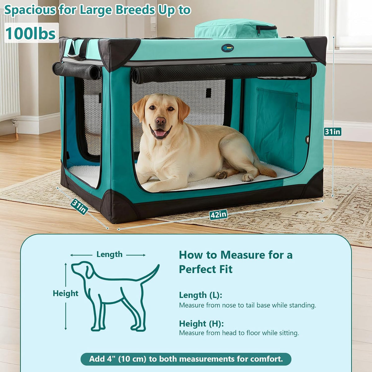 Collapsible Dog Crate, 42 inch Portable Travel Dog Crate for Large Dogs, 4-Door Foldable Pet Kennel with Durable Mesh Windows & Soft Mat