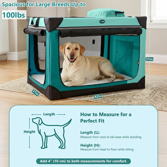 Collapsible Dog Crate, 42 inch Portable Travel Dog Crate for Large Dogs, 4-Door Foldable Pet Kennel with Durable Mesh Windows & Soft Mat