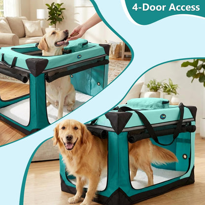 Collapsible Dog Crate, 42 inch Portable Travel Dog Crate for Large Dogs, 4-Door Foldable Pet Kennel with Durable Mesh Windows & Soft Mat