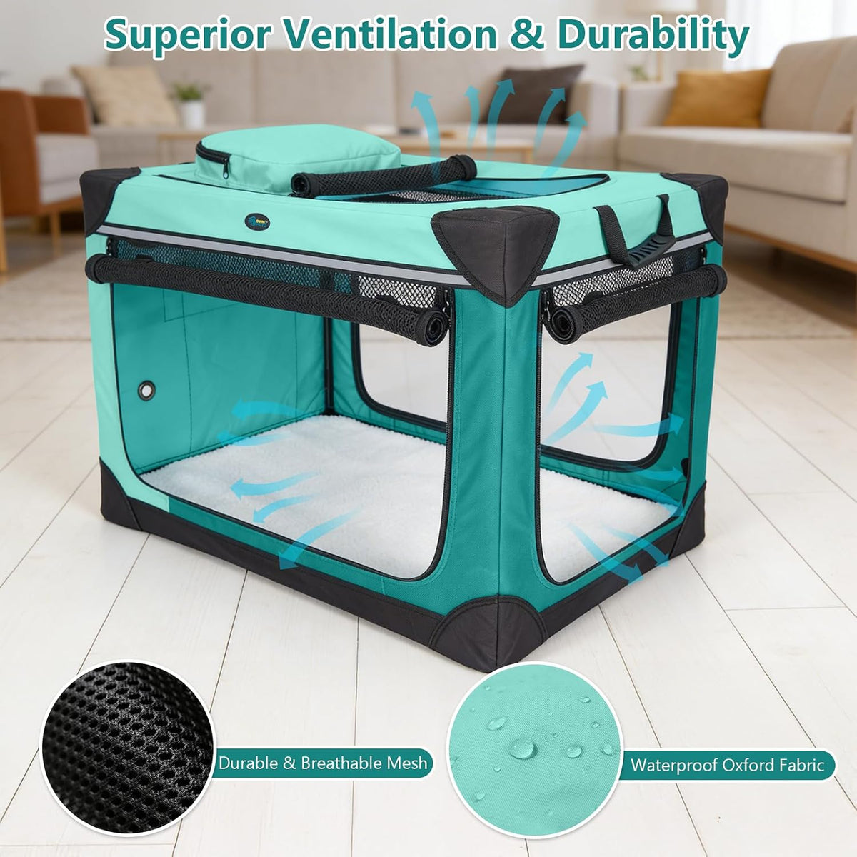 Collapsible Dog Crate, 42 inch Portable Travel Dog Crate for Large Dogs, 4-Door Foldable Pet Kennel with Durable Mesh Windows & Soft Mat