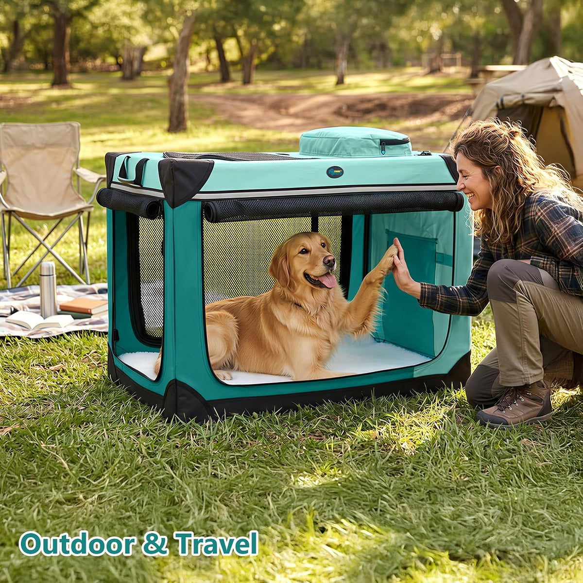 Collapsible Dog Crate, 42 inch Portable Travel Dog Crate for Large Dogs, 4-Door Foldable Pet Kennel with Durable Mesh Windows & Soft Mat