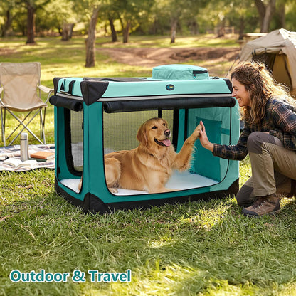 Collapsible Dog Crate, 42 inch Portable Travel Dog Crate for Large Dogs, 4-Door Foldable Pet Kennel with Durable Mesh Windows & Soft Mat
