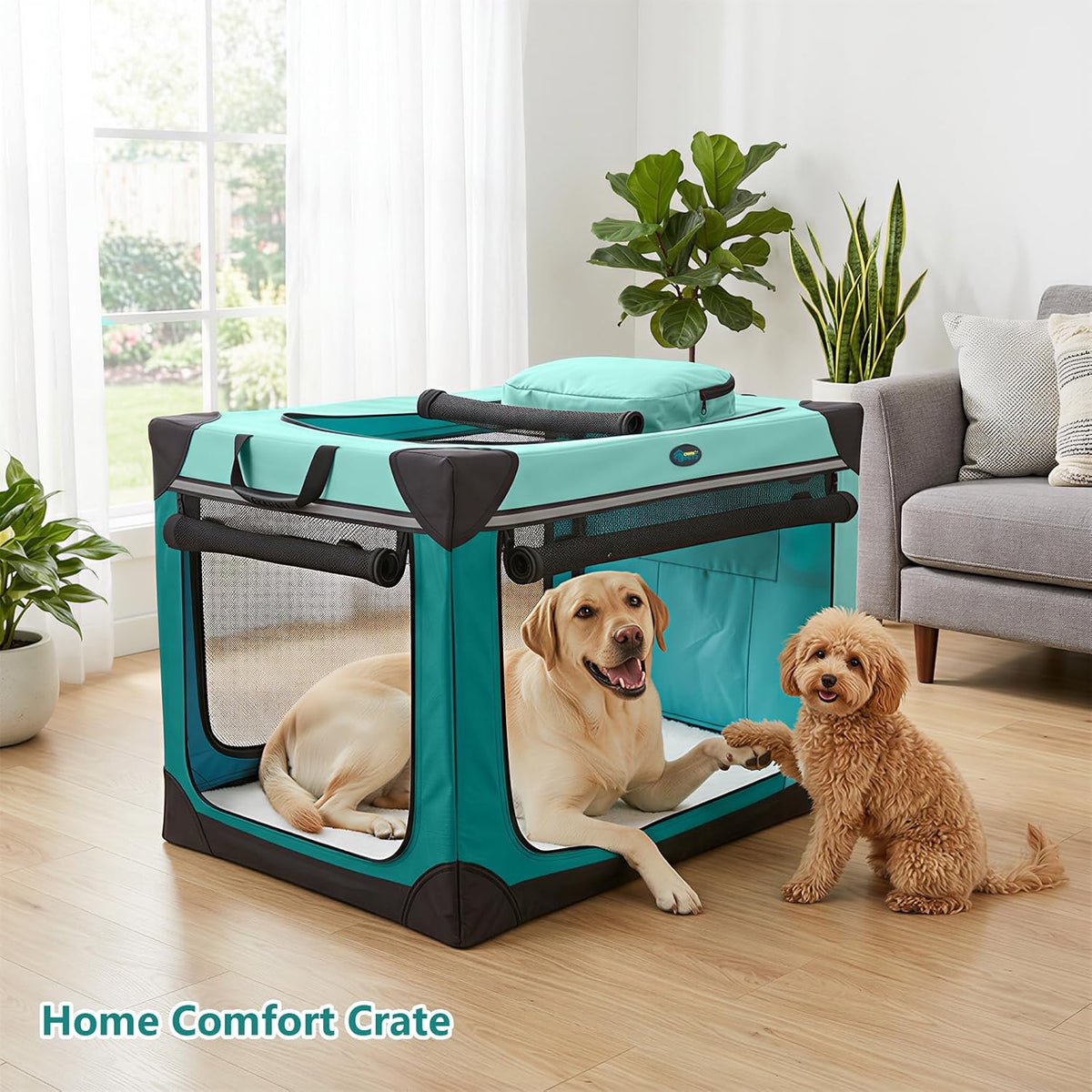Collapsible Dog Crate, 42 inch Portable Travel Dog Crate for Large Dogs, 4-Door Foldable Pet Kennel with Durable Mesh Windows & Soft Mat