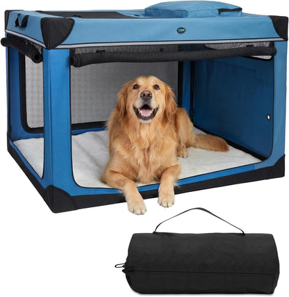 Collapsible Dog Crate, 42 inch Portable Travel Dog Crate for Large Dogs, 4-Door Foldable Pet Kennel with Durable Mesh Windows & Soft Mat