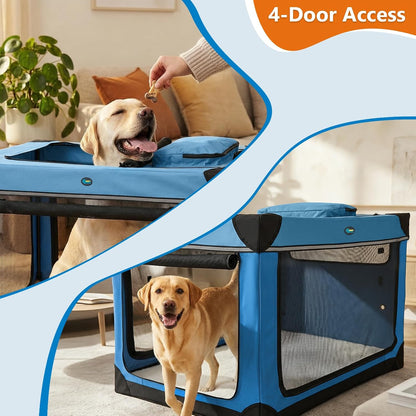 Collapsible Dog Crate, 42 inch Portable Travel Dog Crate for Large Dogs, 4-Door Foldable Pet Kennel with Durable Mesh Windows & Soft Mat