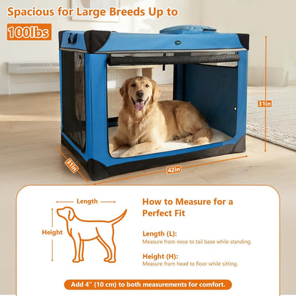 Collapsible Dog Crate, 42 inch Portable Travel Dog Crate for Large Dogs, 4-Door Foldable Pet Kennel with Durable Mesh Windows & Soft Mat
