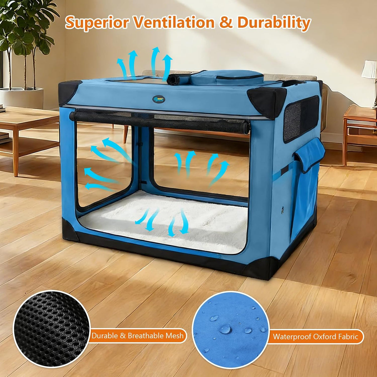 Collapsible Dog Crate, 42 inch Portable Travel Dog Crate for Large Dogs, 4-Door Foldable Pet Kennel with Durable Mesh Windows & Soft Mat
