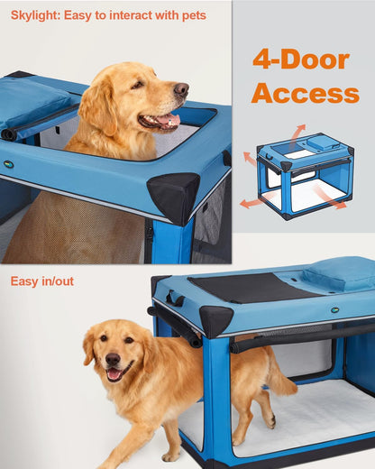 Collapsible Dog Crate, 42 inch Portable Travel Dog Crate for Large Dogs, 4-Door Foldable Pet Kennel with Durable Mesh Windows & Soft Mat