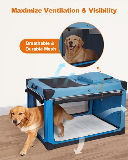 Collapsible Dog Crate, 42 inch Portable Travel Dog Crate for Large Dogs, 4-Door Foldable Pet Kennel with Durable Mesh Windows & Soft Mat