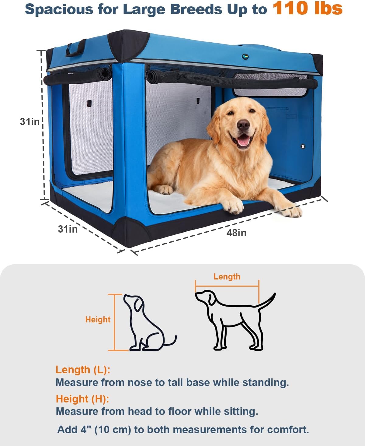 Collapsible Dog Crate, 42 inch Portable Travel Dog Crate for Large Dogs, 4-Door Foldable Pet Kennel with Durable Mesh Windows & Soft Mat