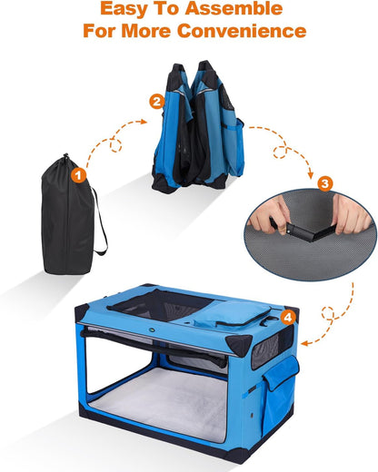 Collapsible Dog Crate, 42 inch Portable Travel Dog Crate for Large Dogs, 4-Door Foldable Pet Kennel with Durable Mesh Windows & Soft Mat