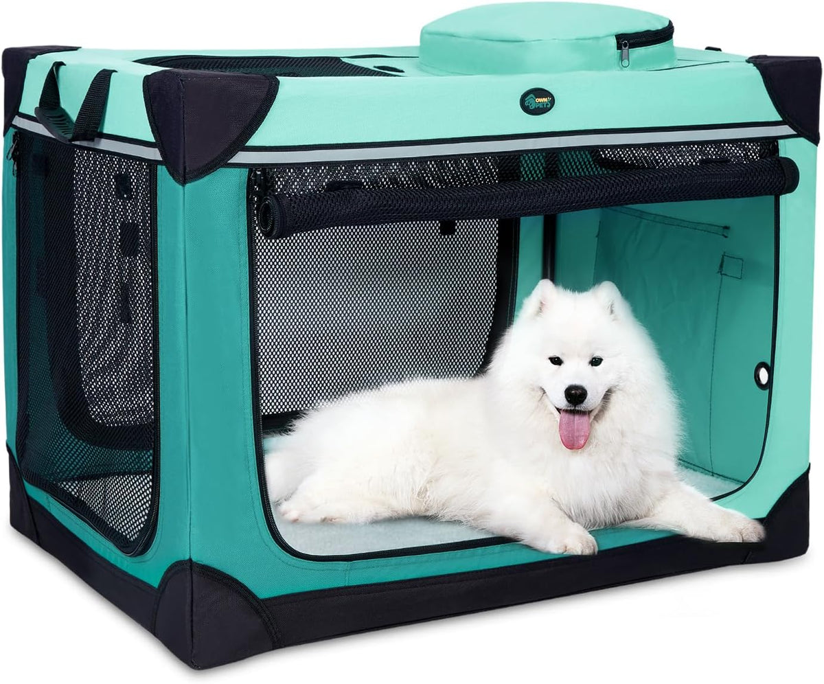 Collapsible Dog Crate, 42 inch Portable Travel Dog Crate for Large Dogs, 4-Door Foldable Pet Kennel with Durable Mesh Windows & Soft Mat
