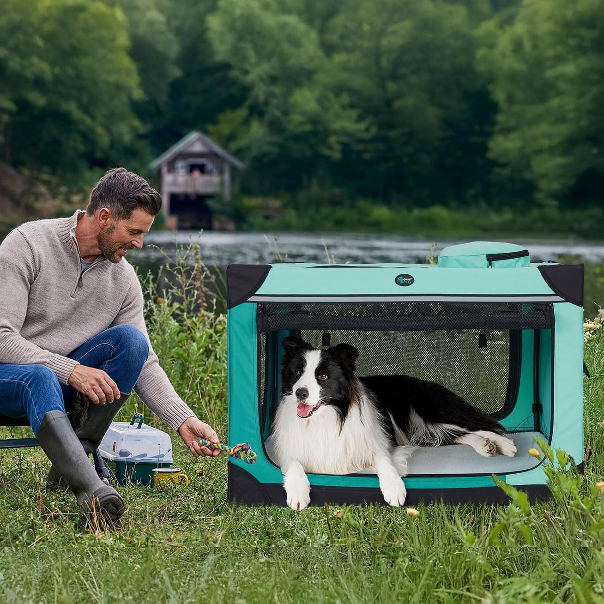 Collapsible Dog Crate, 42 inch Portable Travel Dog Crate for Large Dogs, 4-Door Foldable Pet Kennel with Durable Mesh Windows & Soft Mat