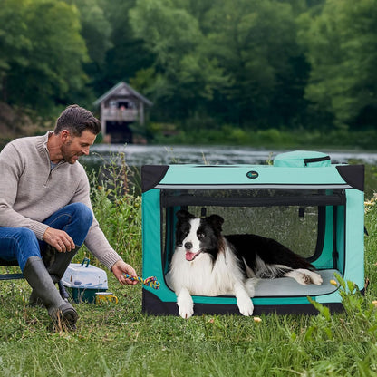 Collapsible Dog Crate, 42 inch Portable Travel Dog Crate for Large Dogs, 4-Door Foldable Pet Kennel with Durable Mesh Windows & Soft Mat