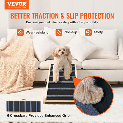 VEVOR Dog Ramp, Folding Pet Ramp for Bed, Adjustable Dog Ramp for Small, Large, Old Dogs & Cats, Wooden Pet Ramp with 39.3" Long Ramp, Adjustable from 15" to 22", Suitable for Couch, Sofa, Car