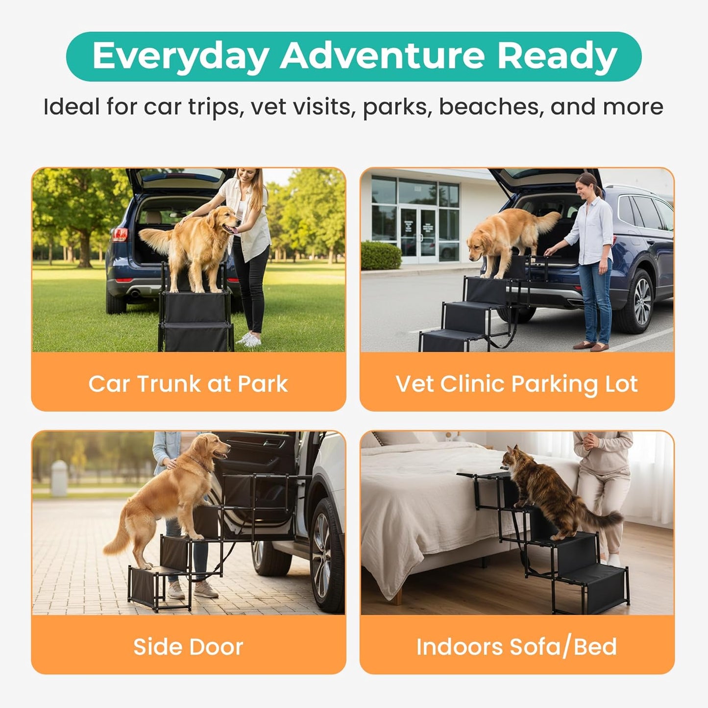 Dog Stairs for Car, Truck & SUV – Foldable Dog Steps for Small & Large Dogs with Anti Slip Surface & Poop Bag Dispenser, Lightweight Dog Ramp Holds Up to 130lbs