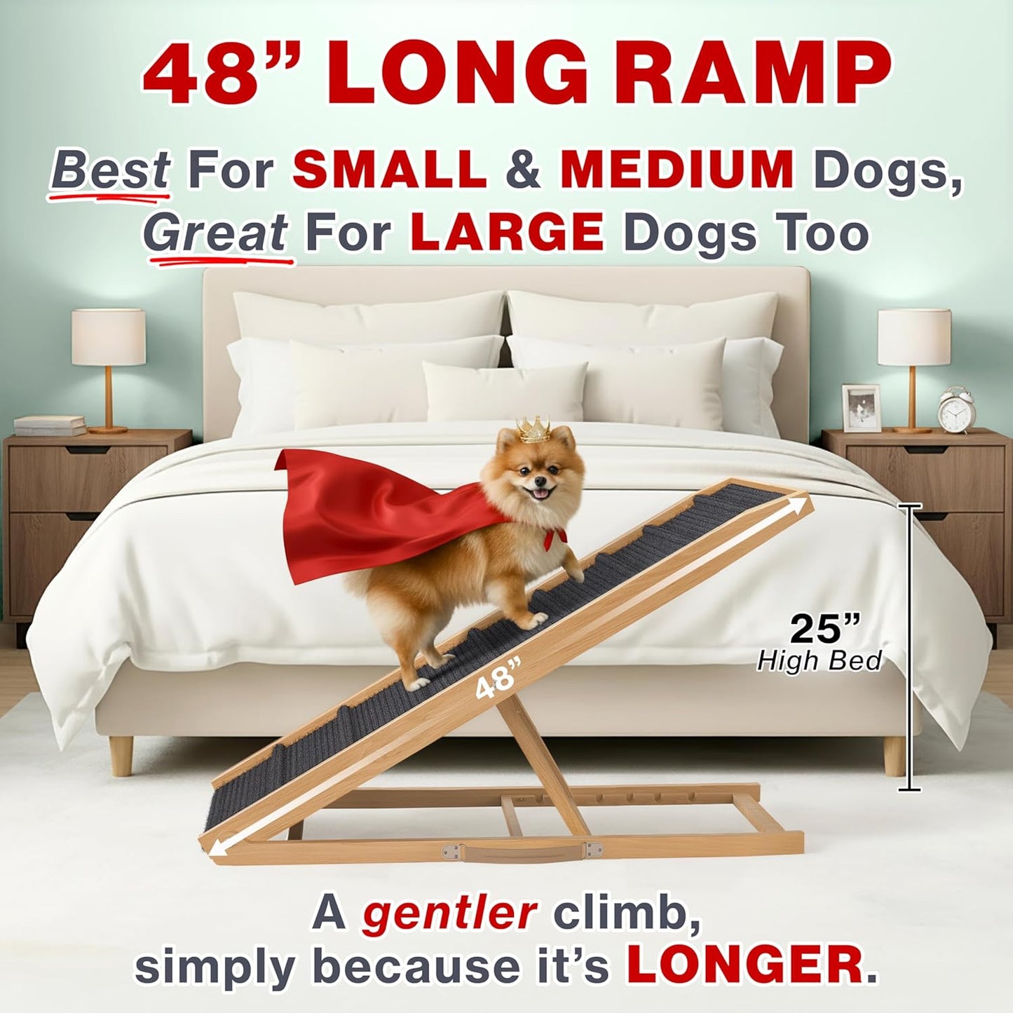 Adjustable Dog Ramp for Bed - 34" Long Foldable Wooden Ramp for Dogs to Get on Bed, Couch, or Car with 12.6" Wide Walking Space (Natural Wood with Gray Carpet)