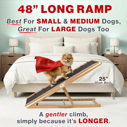 Adjustable Dog Ramp for Bed - 34" Long Foldable Wooden Ramp for Dogs to Get on Bed, Couch, or Car with 12.6" Wide Walking Space (Natural Wood with Gray Carpet)