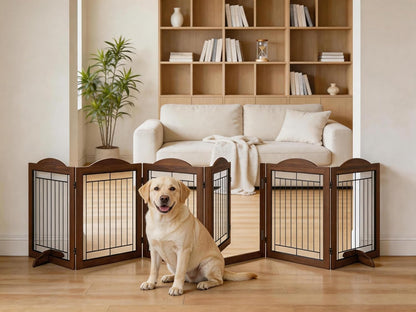 Vantas Espresso Wooden Folding Dog Gate 144" Wide x 30" Tall with Door, Freestanding Pet Gate, Pet Puppy Safety Fence