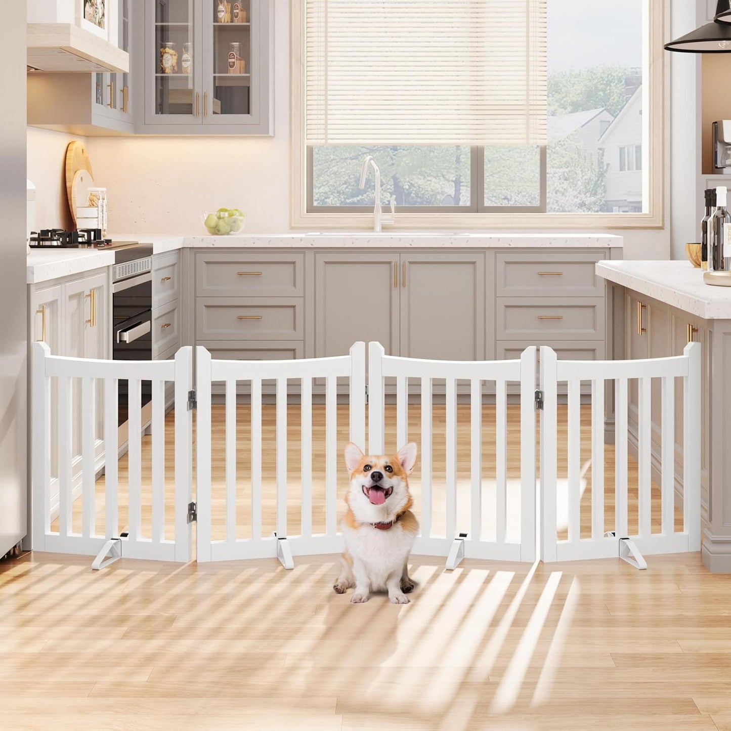 Yaheetech 36" H Extra Tall Freestanding Pet Gate 4-Panel Wooden Dog Fence with 2 Support Feet Folding Dog Gate for Indoor, Stairs, Doorways, Halls, Kitchen Wooden Pet Barrier White, 79.5" L x 36" H
