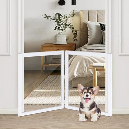 LZRS Clear Dog Gate for Indoor Use - Transparent Pet Fence with Solid Hardwood and Plastic Board, Stylish & Durable freestanding Pet Gate for Doorways, Stairs and Hallways-2 Panel Cherry