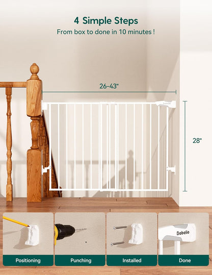 Babelio Baby Gate for Stairs, Kitchen & Doorways, 26-43" W 28" H No Bottom Bar| Easy Installation| One-Handed Operation| Auto-Close| Hardware Mount (Drill Needed) Safety Dog/Pet Gate Indoor (White)