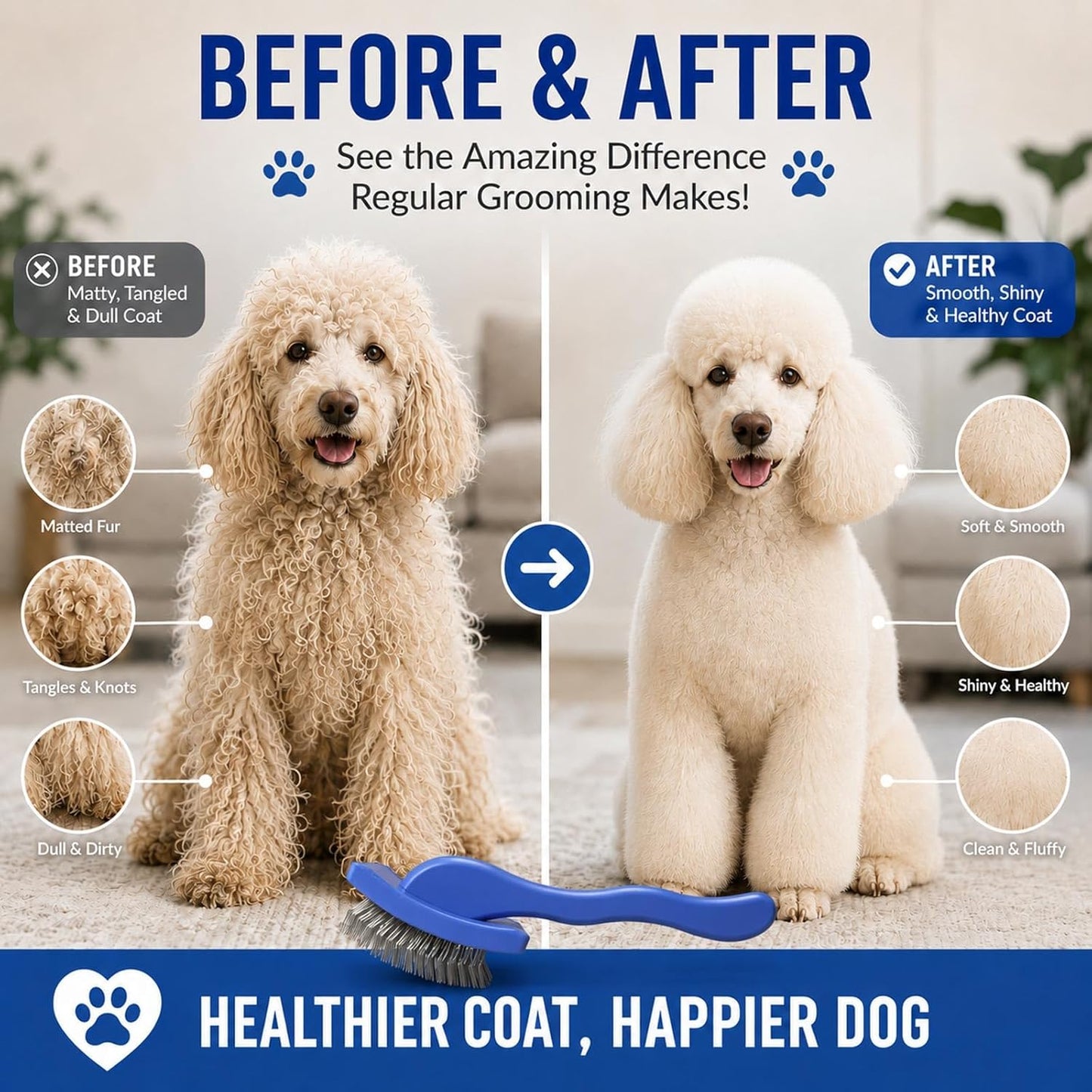 3PCS Slicker Brush for Dogs Set, 2 Professional Dog Grooming Brushes with 1 Stainless Steel Comb for Goldendoodles, Poodles & Labradoodles, Removes Mats, Knots & Loose Hair (Large, Blue&Blue)