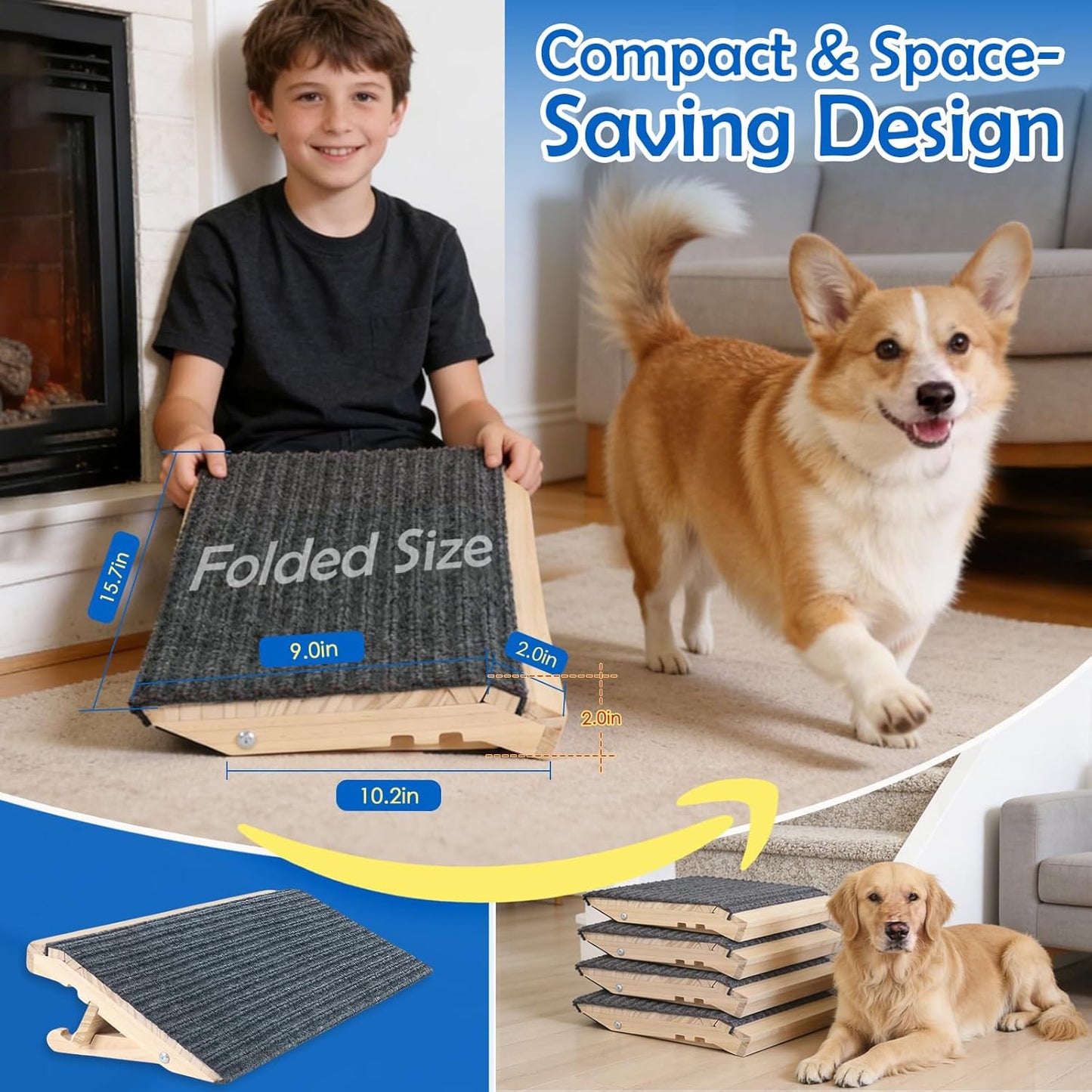 Dog Ramp for Stairs 2 Pack - Adjustable Solid Wood Foldable Indoor Pet Ramp for Senior & Injured Dogs, 2 Heights (4.2"/5.1"), Triangular Support & Non-Slip Carpet for Patio/Home, No Assembly (15.7"L)
