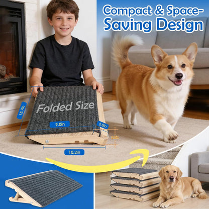 Dog Ramp for Stairs 2 Pack - Adjustable Solid Wood Foldable Indoor Pet Ramp for Senior & Injured Dogs, 2 Heights (4.2"/5.1"), Triangular Support & Non-Slip Carpet for Patio/Home, No Assembly (15.7"L)