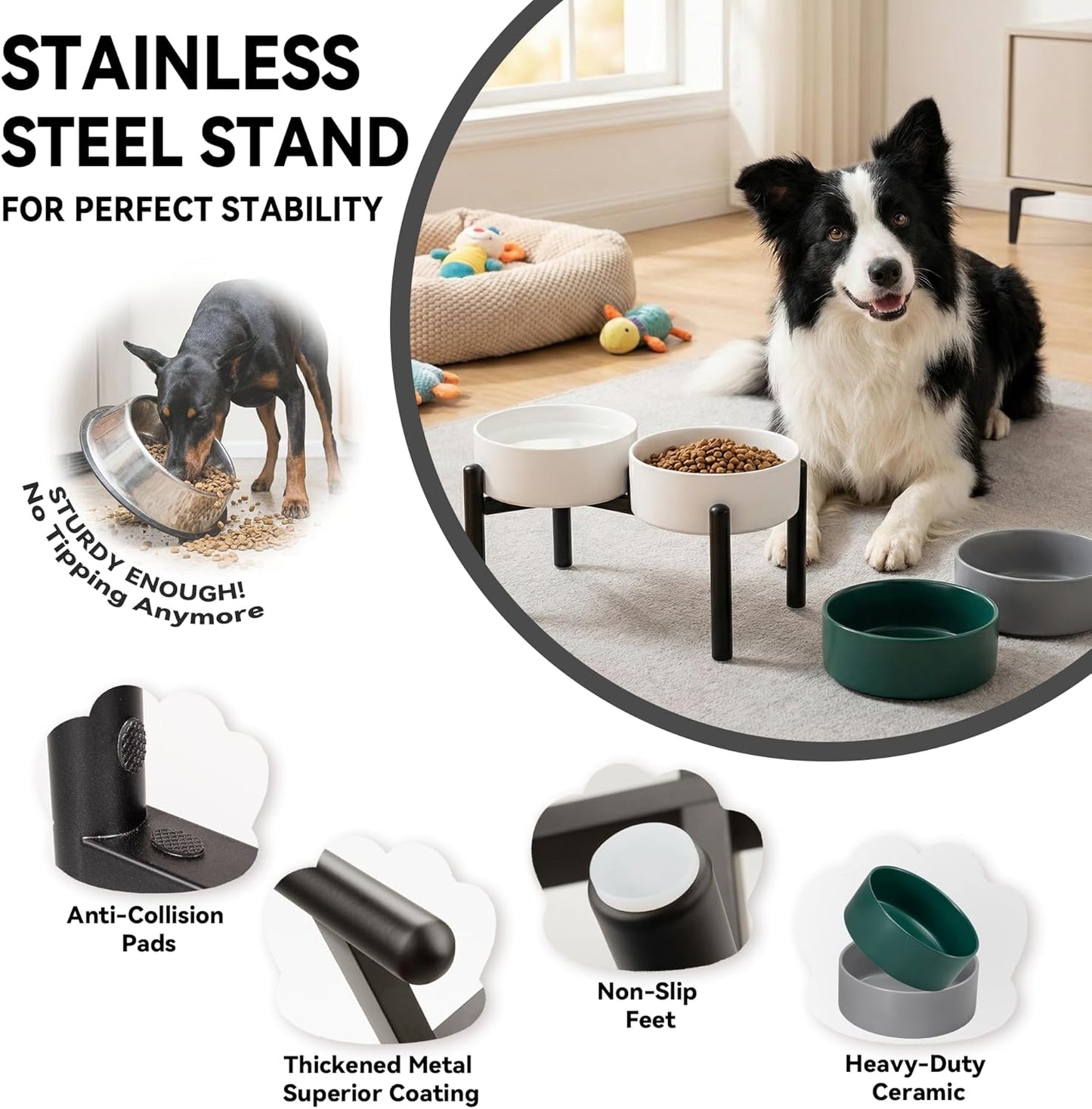 Raised Ceramic Dog Bowl Set - Elevated Double Dishes with Stainless Steel Stand - Food and Water Bowls for Small to Medium Dogs - Each Holds 3.5 Cups (29.57 fl oz) - White