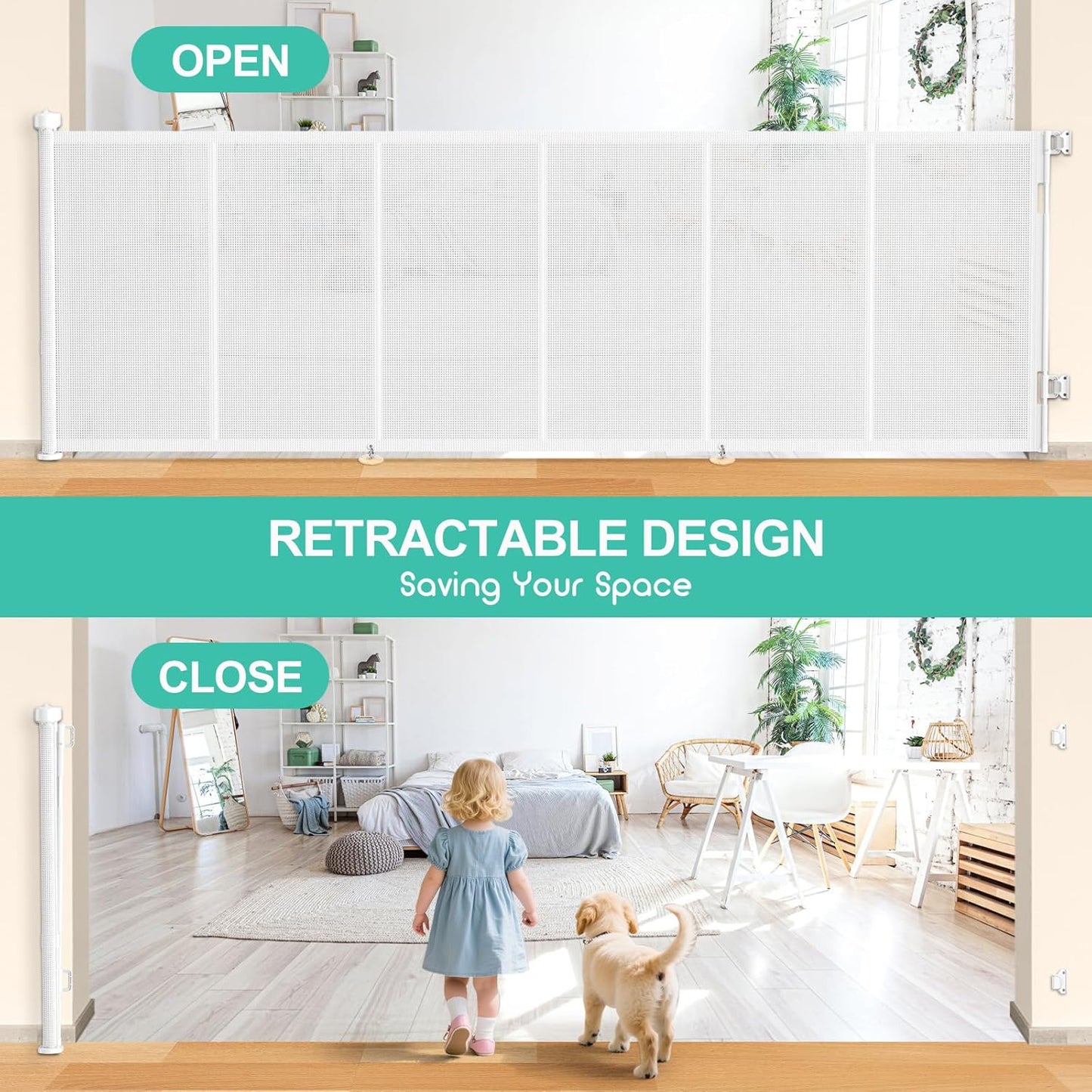 Upgrade 120 inch Retractable Baby Gates, EZIGO Extra Wide Baby Gate for Large Opening Extra Long Mesh Gate for Kids or Pet Dog Gate Child Safety Gate for Stairs Hallways Doorway Indoor Outdoor, Gray