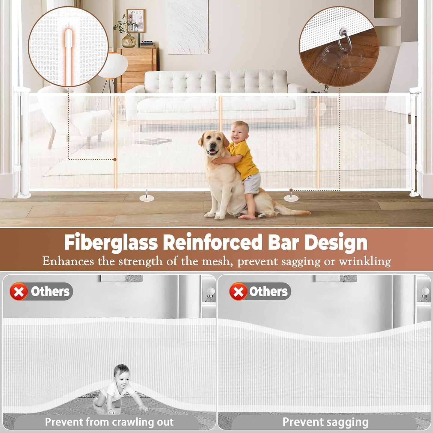 236" Retractable Baby Gate Extra Wide, 41" Tall Retractable Dog Gate for Stairs, Doorways, Decks, Mesh Gate Long Child Gate Pet Gate for Indoor, Outdoor, with Reinforced Mesh Rods, Dual Locks