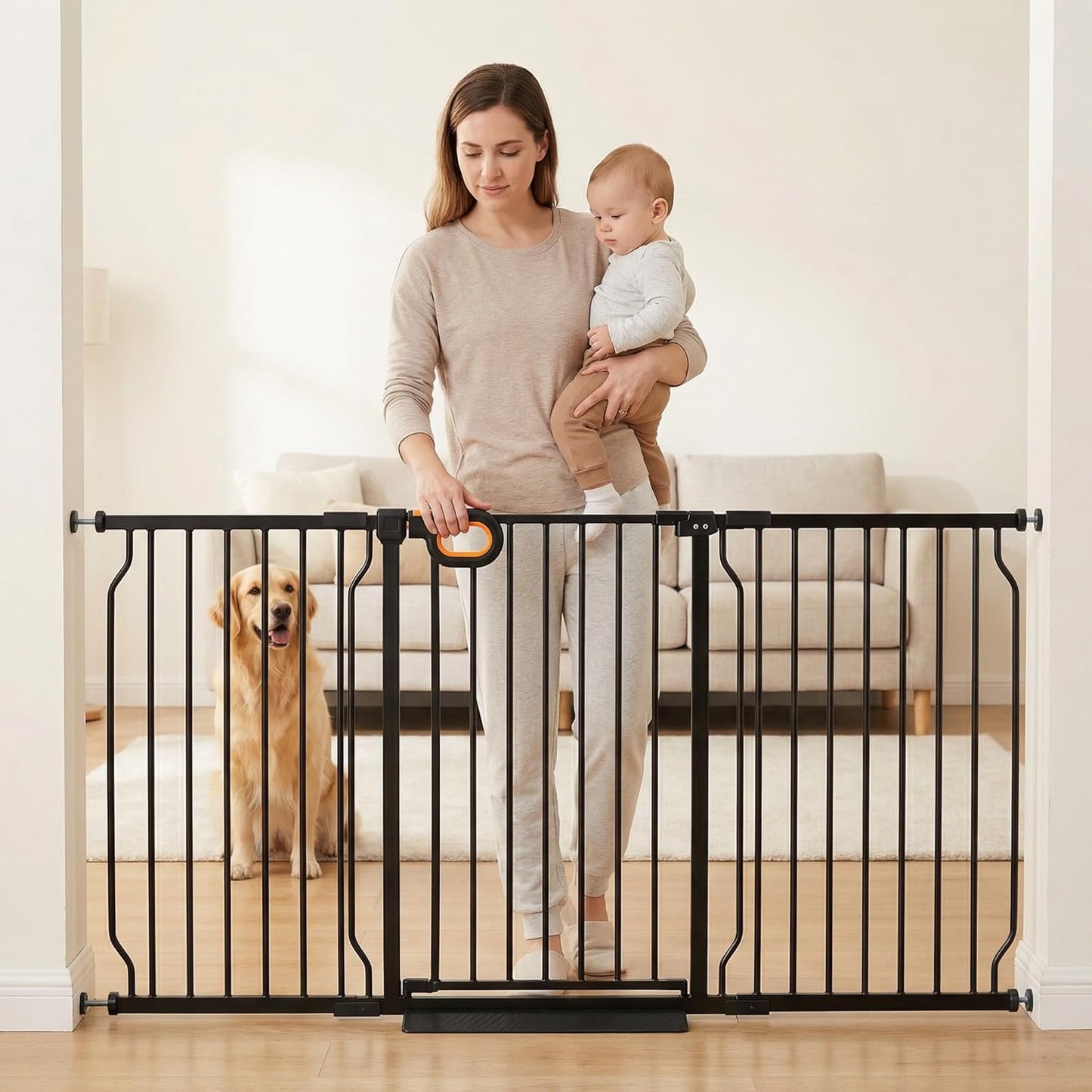 Baby Gates Extra Wide for Doorways 90.6-95.2 Inch Extra Wide Pressure Mounted Baby Dog Gate for the House Indoor Large Openning Metal Safety Gate No Drilling with Walk-Through Door,Black