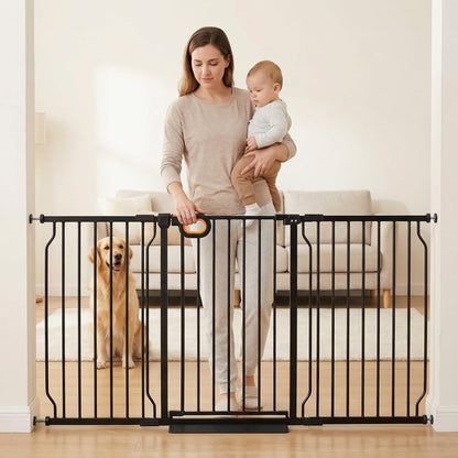 Baby Gates Extra Wide for Doorways 90.6-95.2 Inch Extra Wide Pressure Mounted Baby Dog Gate for the House Indoor Large Openning Metal Safety Gate No Drilling with Walk-Through Door,Black