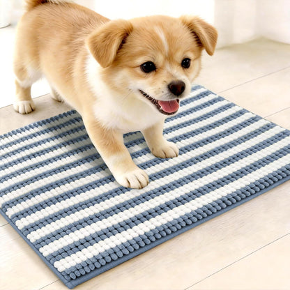 pobopobo Dog Door Mat for Muddy Paws - Absorbent & Washable Chenille Rug, Non-Slip Dirt Trapper for Indoor Outdoor Entryway, Quick Dry Pet Mat for Muddy Dogs (Striped Gray-Blue&White, 24" x 16")