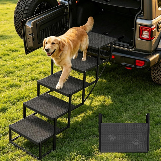 Dog Steps for Car, 5 Steps Foldable Dog Stairs for Large Dogs with Upgraded Non-Slip Surface, Pet Ramp Alternative, Heavy-Duty Plastic Pet Stairs for Vehicles, SUV, Truck, Lightweight & Portable