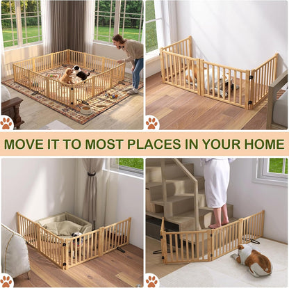 Wooden Freestanding Dog Gates,23" H Foldable Wood Pet Gate Indoor, No-Painted Puppy Gate for Doorways, Stairs, 23" Height-2 Panels