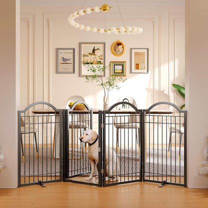 BHG Metal No-Assembly Freestanding Dog Gate with Door Walk Through, Extra Wide 144", Extra Tall 32" Pet Gate, Accordion Puppy Folding Playpen Dog Fence, with 2PCS Support (Black, 6 panesl)
