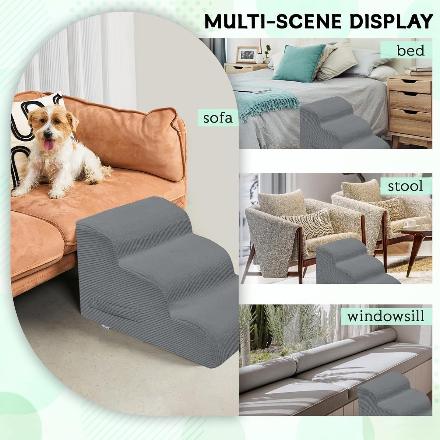 Mesa Lemon Dog Stairs & Steps for High Beds, 3 Steps High Density Foam Waterproof Dog Ramp for Small Dogs and Cats, Pet Stairs with Removable Washable Cover for Bed, Couch, Sofa and Car (H:16")