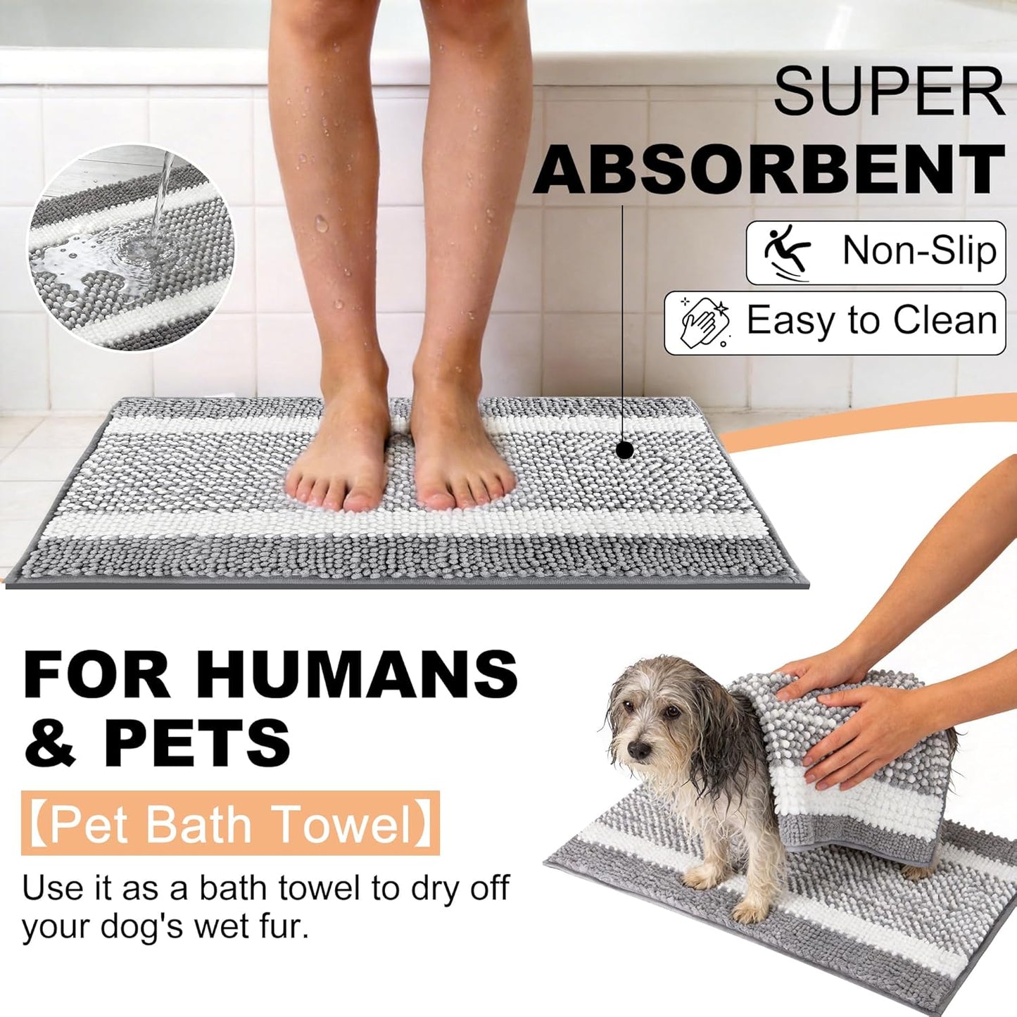 pobopobo Dog Door Mat for Muddy Paws - Absorbent & Washable Chenille Rug, Non-Slip Dirt Trapper for Indoor Outdoor Entryway, Quick Dry Pet Mat for Muddy Dogs (Striped Gray-Blue&White, 24" x 16")