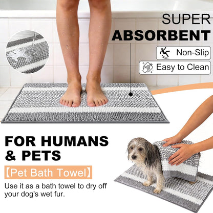 pobopobo Dog Door Mat for Muddy Paws - Absorbent & Washable Chenille Rug, Non-Slip Dirt Trapper for Indoor Outdoor Entryway, Quick Dry Pet Mat for Muddy Dogs (Striped Gray-Blue&White, 24" x 16")