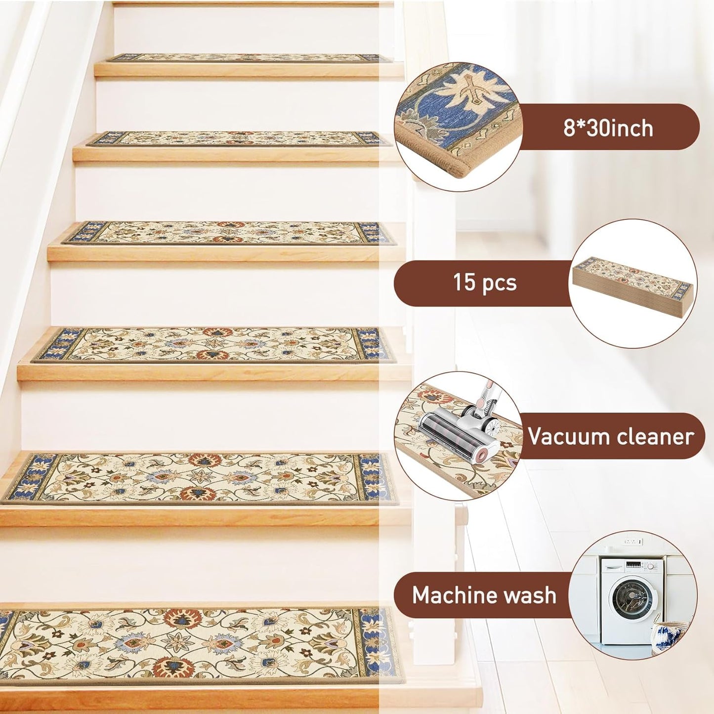 Stair Treads for Wooden Steps Indoor, 15 Pack 8" X 30" Non Slip Carpet Stair Treads with Reusable Adhesive for Kids Elders and Dogs, TPR Backing Stair Rugs Oriental Staircase Step Treads,Bohemia