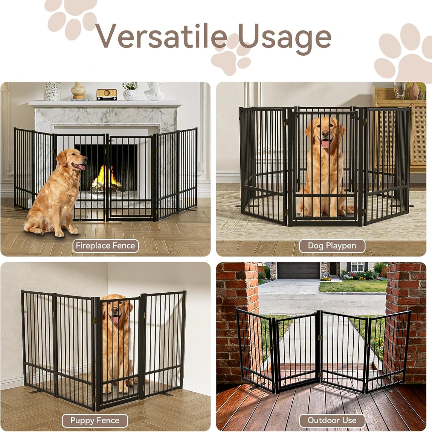 SNUOWU Full Metal Freestanding Dog Gate with Door, 32''Height Foldable Pet Dog Fence for Indoor & Outdoor, 4 Panels Extra Wide Free Standing TallDog Gates for Doorways,House,Stairs,Porch,Deck,Yard